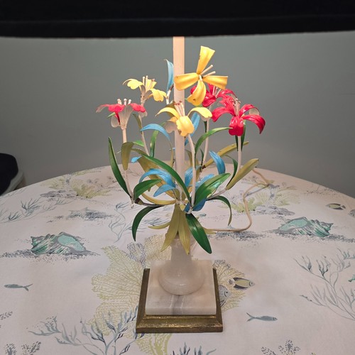 Italian Toleware Lamp Colorful Metal Flowers Marble Base 30" Italy Vintage READ