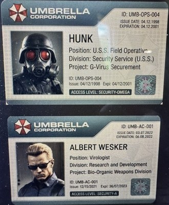 Set of Hunk & Albert Wesker Umbrella Corporation matching ID Cards Resident Evil