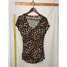 NY Collection Leopard Print V Neck Short Sleeve Top Womens Size L