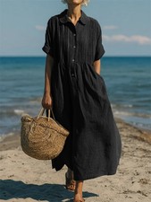 Women's Holiday Pleated Linen Cotton Pocket Summer Beach Baggy Kaftan Long Dress