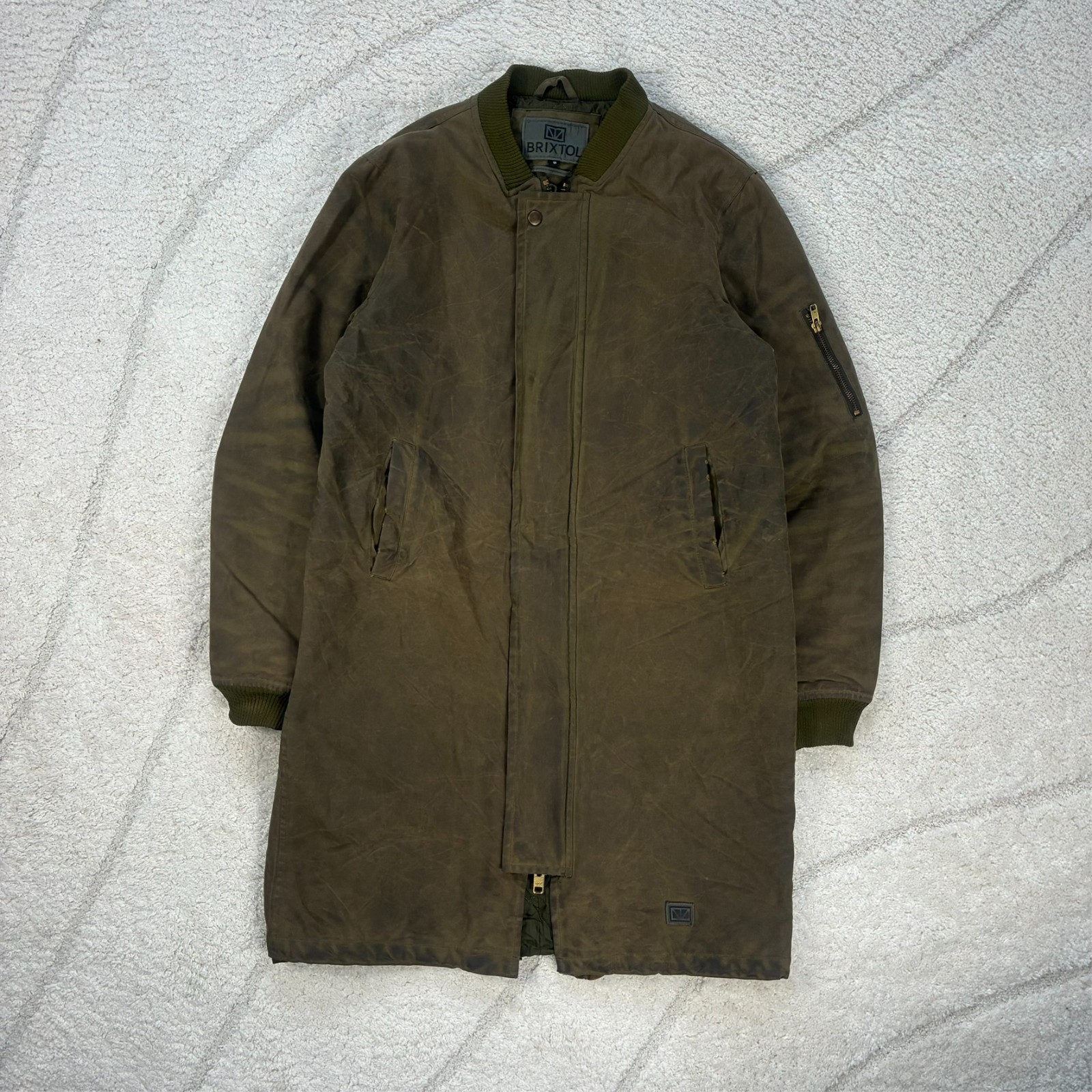 VTG Brixtol 2000’s Olive Green Size Small Cotton Trench Utility Long Wax Jacket