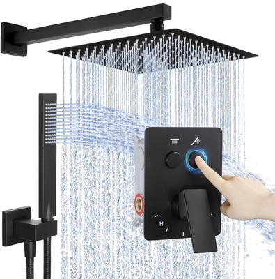 Shower Faucet Set with Push-Button Diverter, 12-Inch Rain Shower Head with Hand