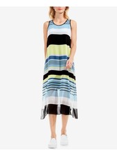 VINCE CAMUTO Womens Black Striped Sleeveless Tea Length Shift Dress Size: 2XS