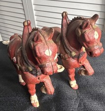 Vintage Cast Iron Toy Horse Team Farm Vehicle with Harness and Yoke