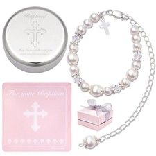 Baptism Bracelet Sterling Silver Cultured Pearl for Baby Girls Silver plated Box