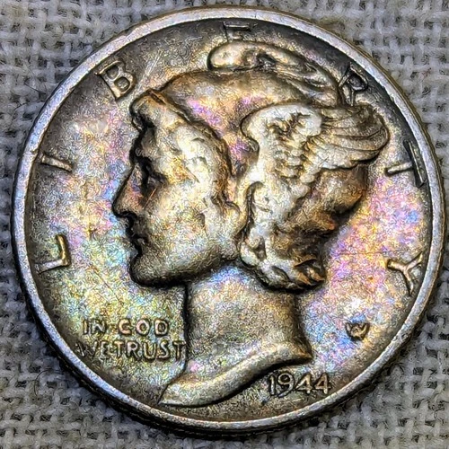 1944 Mercury Dime F/VF : Rainbow Tone, Fine to Very Fine - 90% Silver