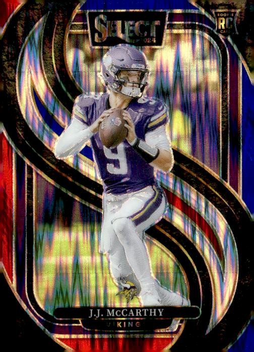 2024 Panini Select #134 J.J. McCarthy Red & Blue Prizm Shock