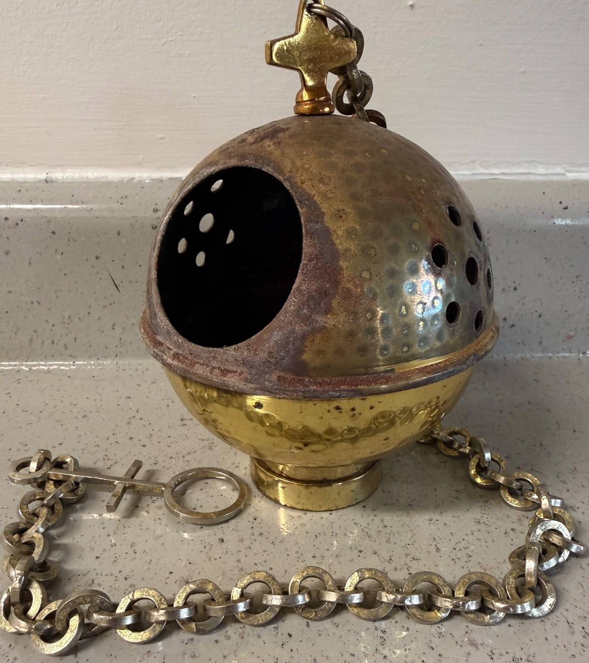 ~Vintage Brass Catholic Church Censer Thurible Hammered Cross Chain~
