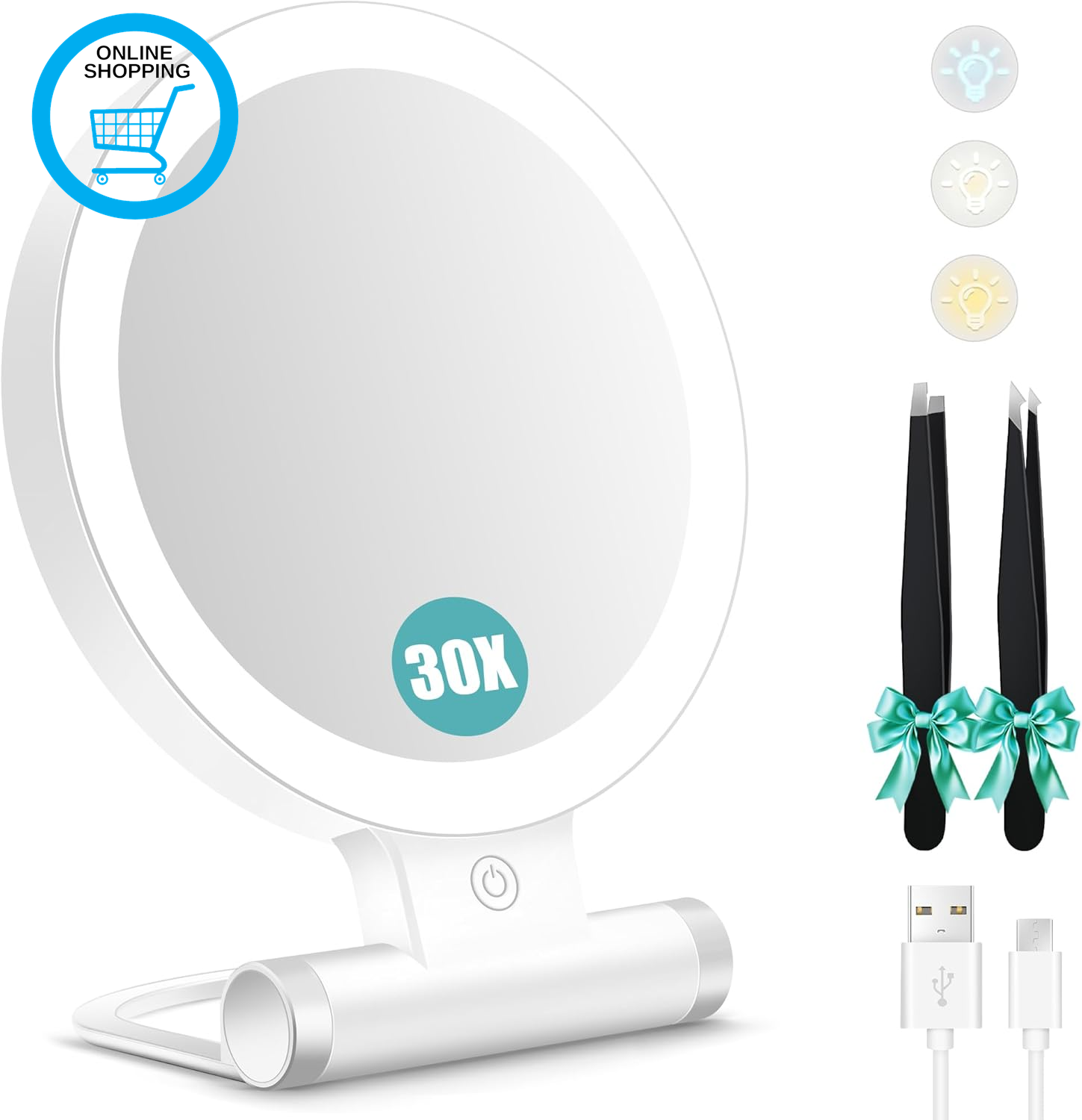 Magnifying Mirror with Light 30X, Double-Sided 1X/ 30X Magnifying Makeup Mirror