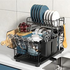 AONEE TENDEDERO DE PLATOS DE 2 NIVELES CON ESCURRIDOR, SOPORTE PARA CUBIERTOS - NEGRO