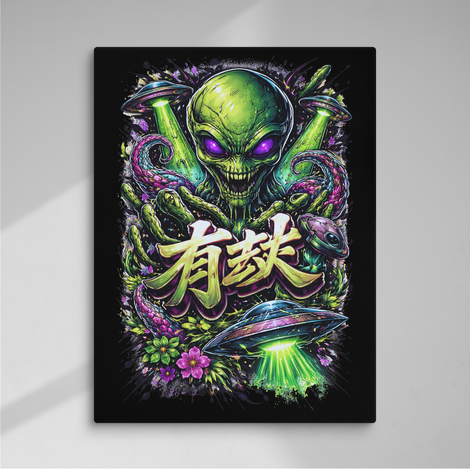 Alien UFO Canvas Wall Art – Neon Sci-Fi Street Art Japanese Kanji Print ...