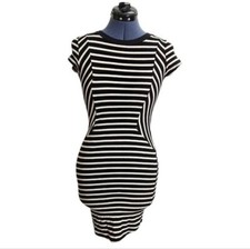 Monteau cream and black striped crew neck bodycon dress small