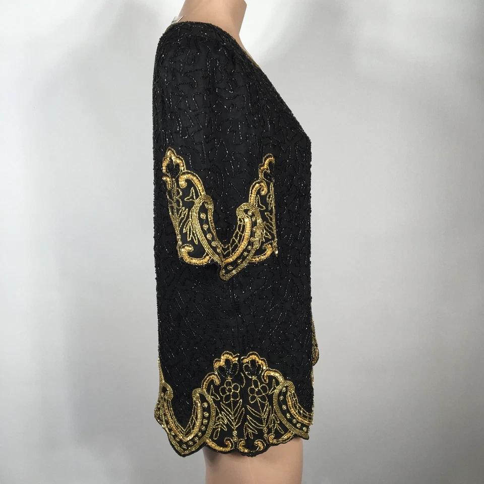 Laurence Kazar Black Gold Flapper Beaded Evening Formal Silk SEQUIN Gatsby VTG L - Image 3 of 4