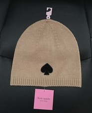 Kate Spade Flocked Spade Logo Knit Beanie Hat - Roasted Cashew Color NWT