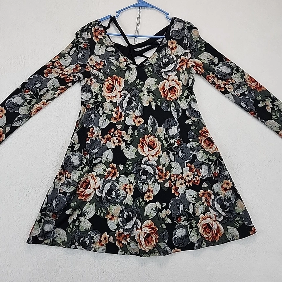 Vestido midi BCX para mujer M negro floral manga larga cuello en V lazo trasero Y2K BoHo Mama Foto 2 de 4