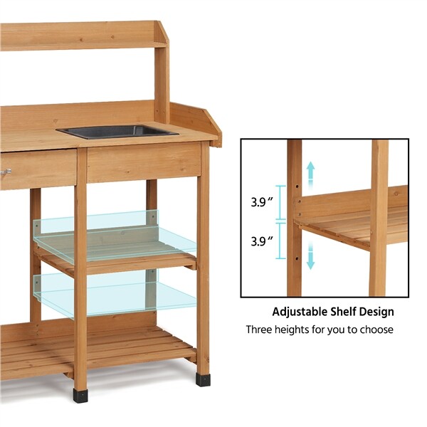 TANGZON Solid Fir Wood Garden Potting Table - With Trellis, Drawer & Shelves - Planting Workstation For Balcony-612502