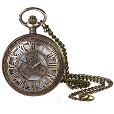 Men Women Hallow Gear Quartz Pocket Watch Retro Steampunk Analog Necklace Chain