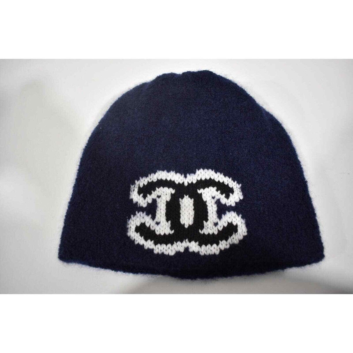 Chanel 22B Wool Cashmere Navy Blue White Black CC Logo Beanie