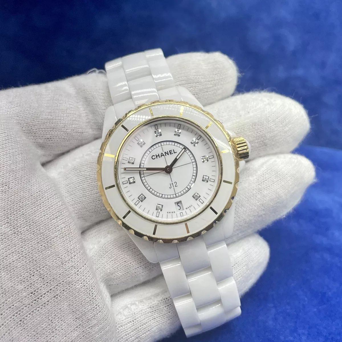 Chanel Lady's White Ceramic J12 Automatic Wristwatch with Diamond Bezel