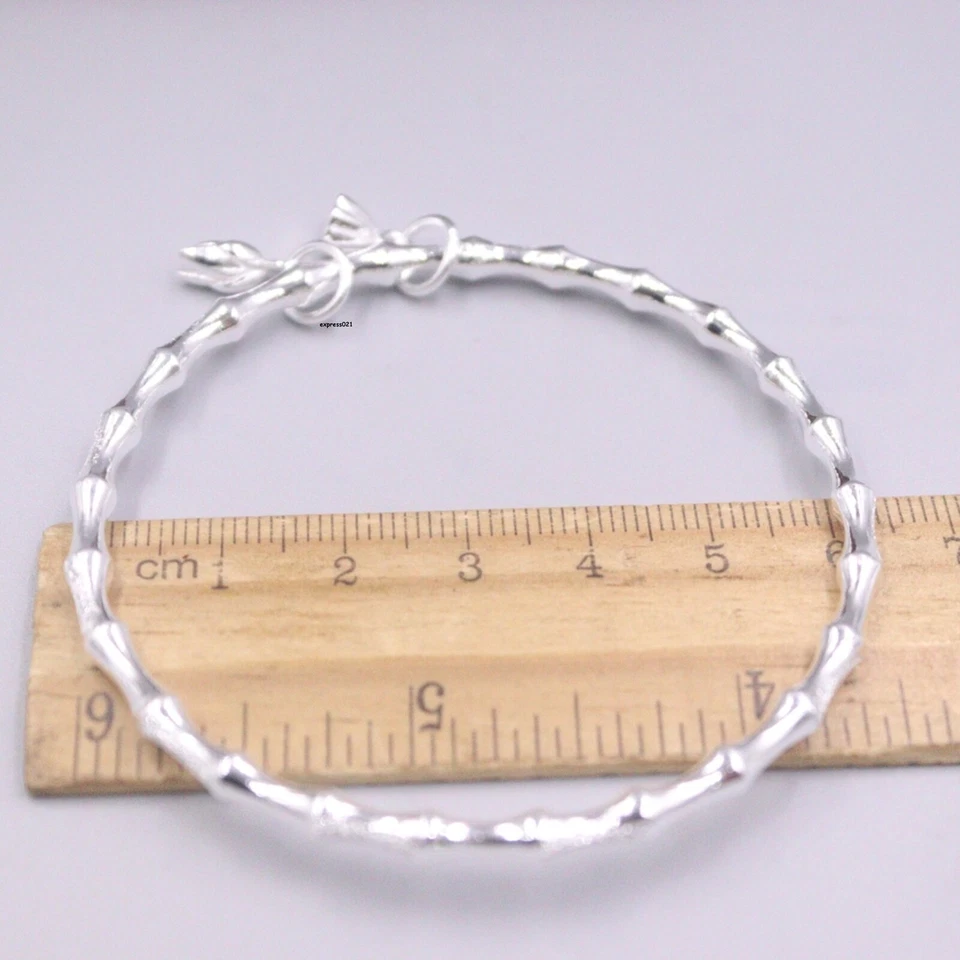 Brazalete de plata fina pura 999 para mujer Lucky brillante mate bambú pulsera de loto Foto 4 de 4