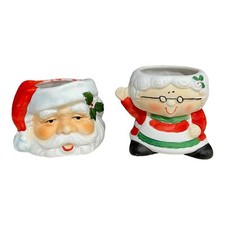 VTG 1980s Santa Face & Mrs Claus Porcelain Votive Candle Holders Rosey Cheeks