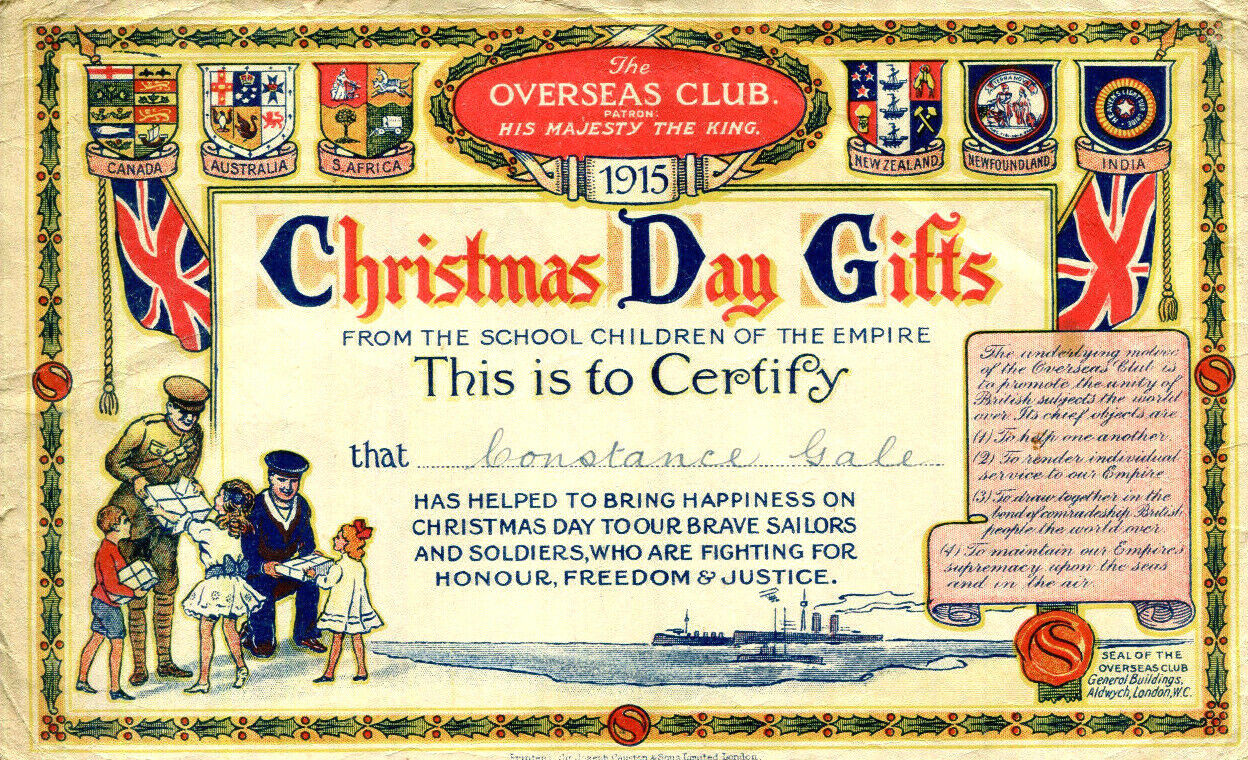 WWI Christmas Day Gifts 1915 Certificate awarded for donation