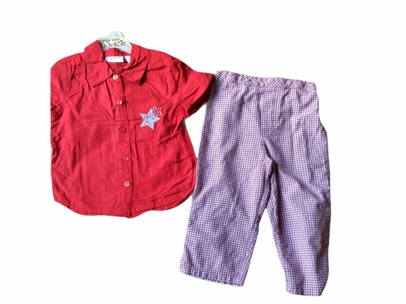 Simple Basic Size 7 Girls 2 Piece Red Shirt Checked Capri Pant Outfit Set