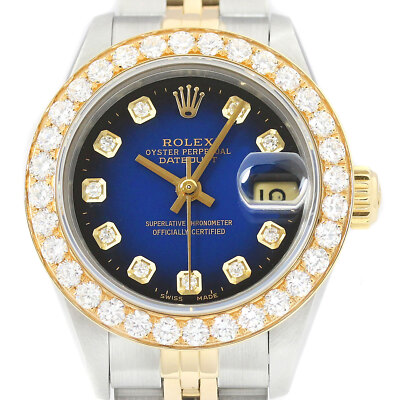Rolex Datejust 18K Gelbgold & Edelstahl 1,5 CT Diamant Blau Vignette Uhr 69173