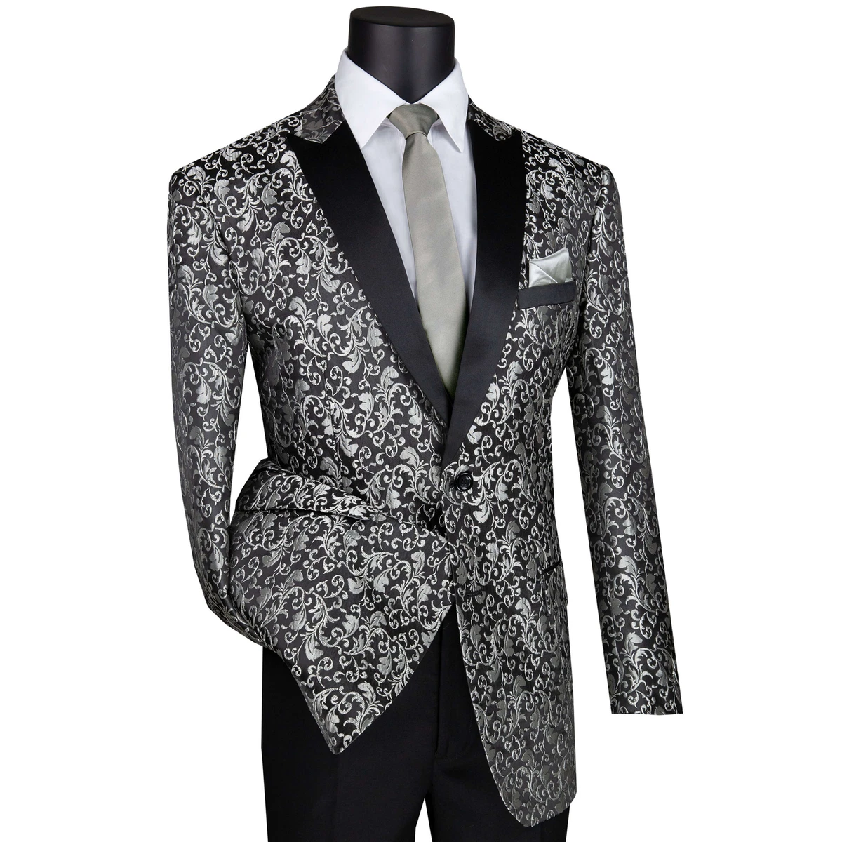 VINCI Men s Silver Paisley 2 Button Regular Fit Tuxedo Jacket