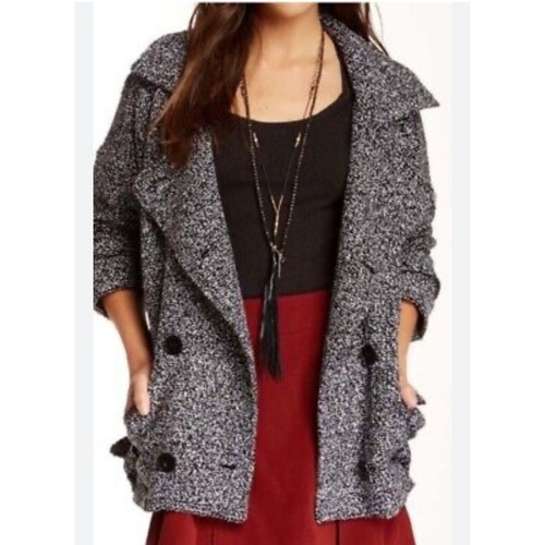 Giacca Moto Doppiopetto $168 FREE PEOPLE Misto Lana Tweed Boucle Pavone MED - Foto 4 di 11