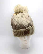 NWT Britts Knits Womens Ski Cap Knit Brown/OAT Faux Fur Pom Hat NEW