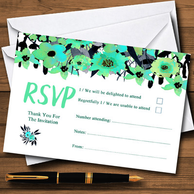 Schwarz & Aqua Mintgrün Aquarell Blumen Kopie Personalisierte RSVP Karten