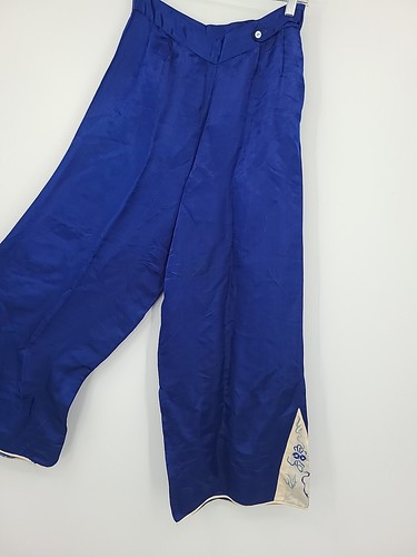 Pantalon vintage années 1940 années 50 soie Satan souvenir chinois oriental Pj bleu jambe large - Photo 2/20