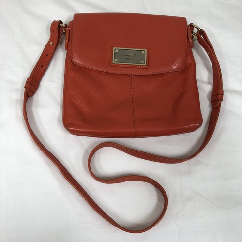 DKNY Leather Crossbody Messenger Bag Purse 9.5" x 10" Orange Coral Donna - Picture 2 of 7