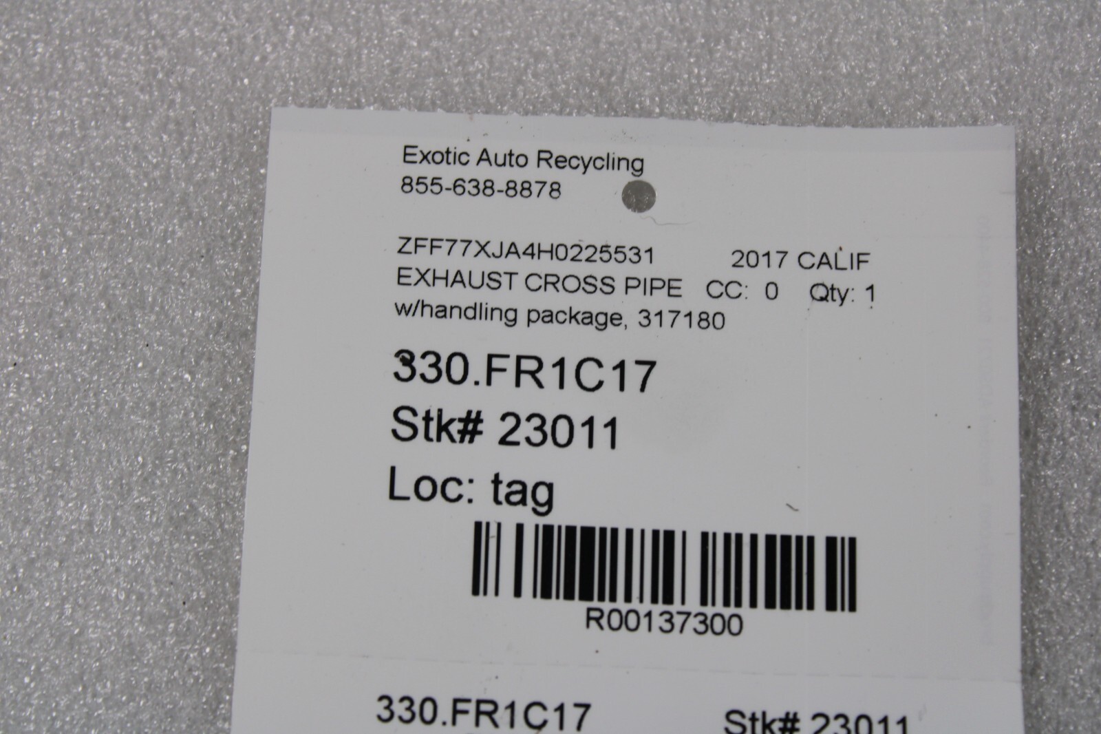 Ferrari California T, Exhaust Cross Pipe, w/Handling Package, Used, P/N 317180