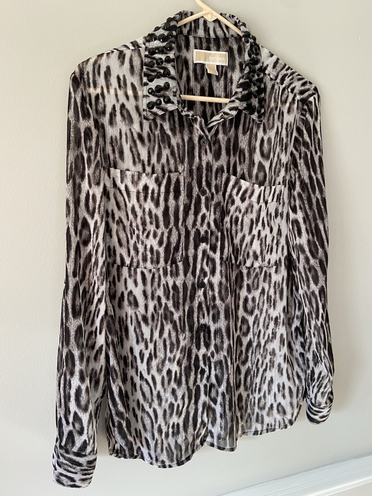 Michael Kors Gray Cheetah Print Studded Button-Up Shirt Women's Size Large