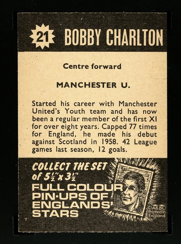 Tarjeta de fútbol 1967-68 Bobby Charlton A & BC Star Players #21 SGC 6,5 EX-NM+ Man U Foto 4 de 4