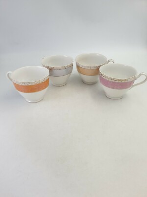 Retro Fairylite Bone China Teetassen versch. Farben Glanz Blumen Band Gold 4 Stück