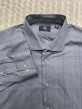 Calvin Klein Mens 15.5 34/35 Gray Button Up Shirt Long Sleeve Slim Fit Stretch