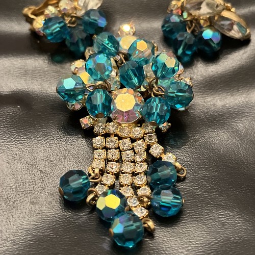 Vintage Brosche und Ohrringe Set Aqua Blau Eis Strass Clip On - Bild 2 von 13