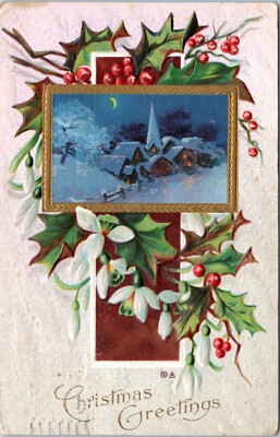 Postcard Xmas Holly and Night Scene forming Cross - E. Nash Series 45