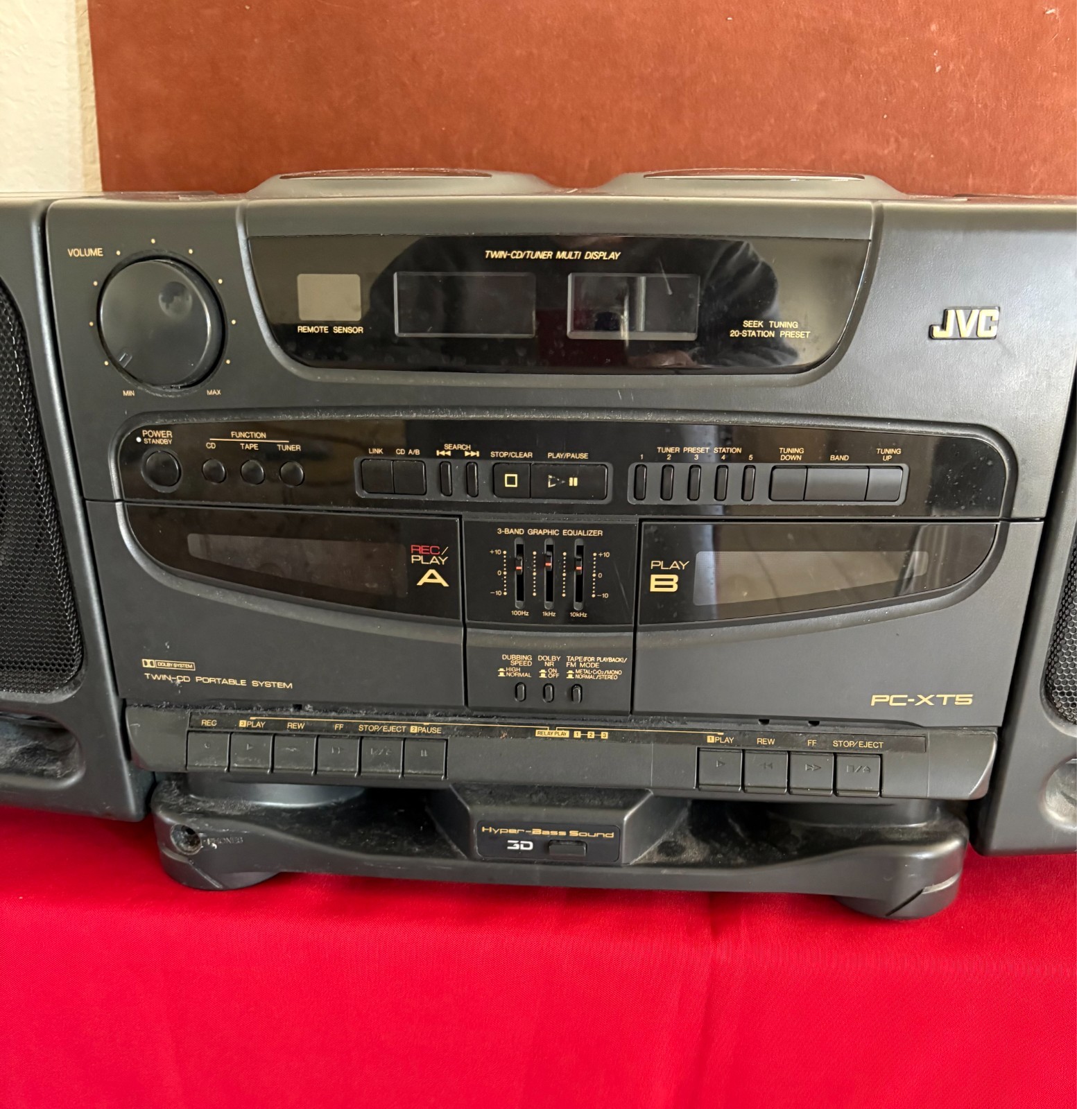 JVC Twin-CD Portable System PC-XT5 BLACK Boombox Dual Cassette 24x9.5x8 ...