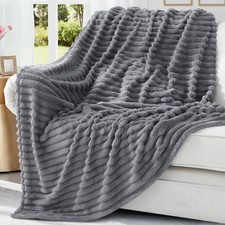 Grey Twin Size 60x80 Inch Fleece Blanket Fluffy Plush Flannel Striped Sofa