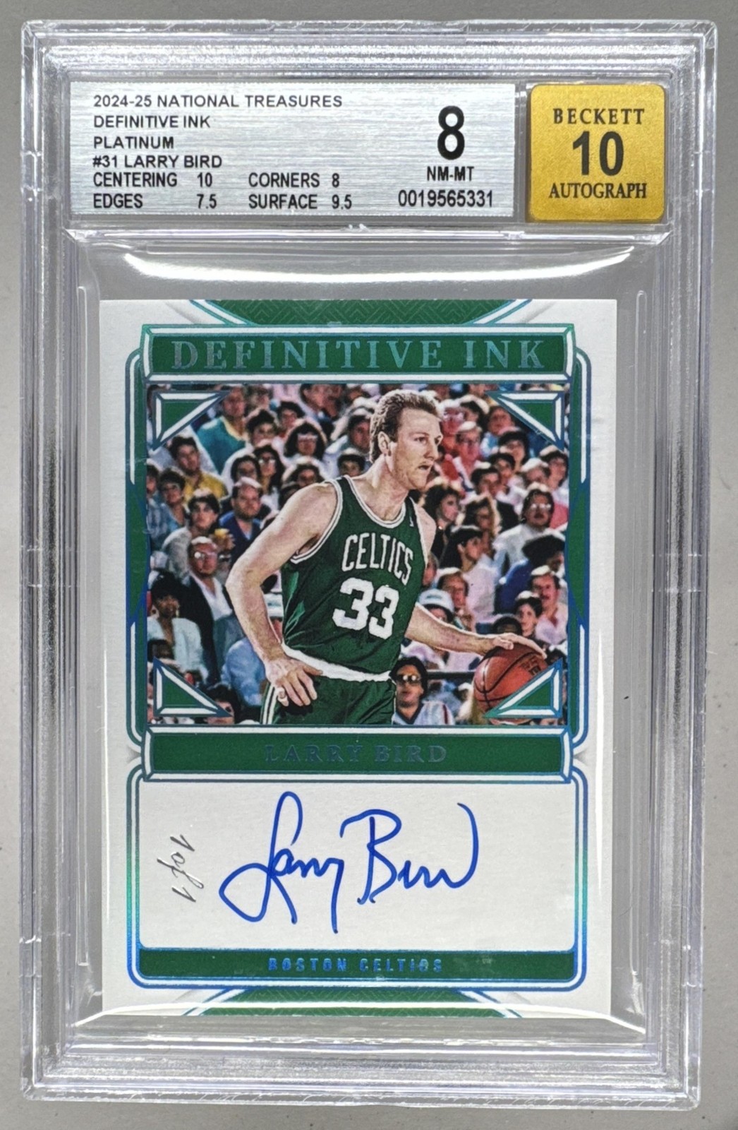 Larry Bird 2024 National Treasures Platinum Definitive Ink Auto 1/1 BGS 8/10