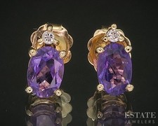 14k Yellow Gold Natural Amethyst  Diamond Stud Earrings 1.1g p16131b