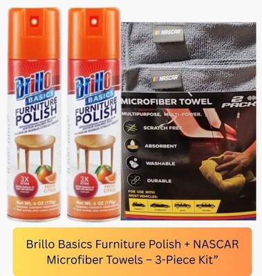 Brillo Basics Furniture Polish + NASCAR Towels | Citrus Scent 3-Piece Clean Kit