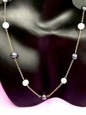 14k Yellow Gold Tin Cup Pearl Necklace 6mm White & Black Station Link Estate