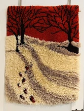 Vintage Mid Century Hook Rug Wall Hanging Wool Rya Style Earth Tone Tree Design