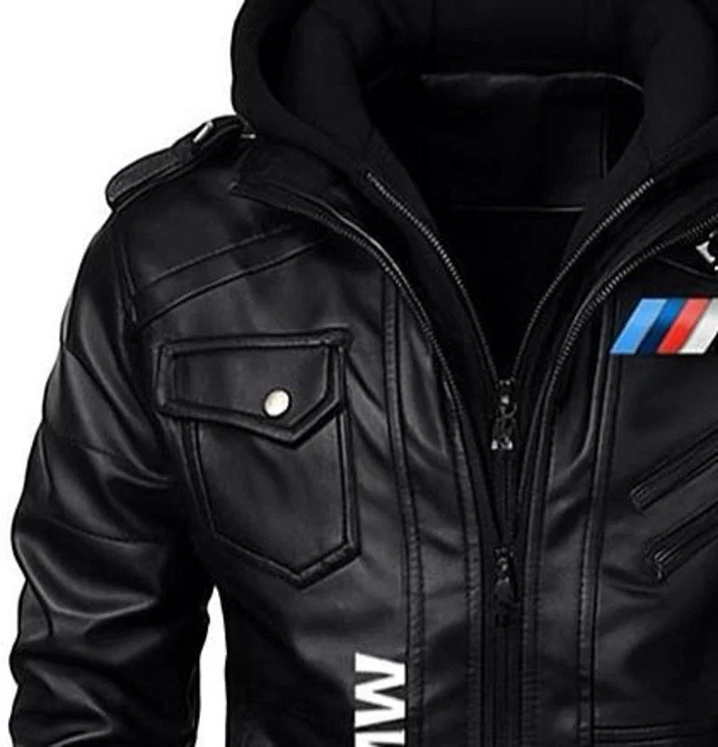 Customized Jet Black BMW Motorrad Schwabing Racing Leather Motorbike Jacket Hood - Image 2 of 4