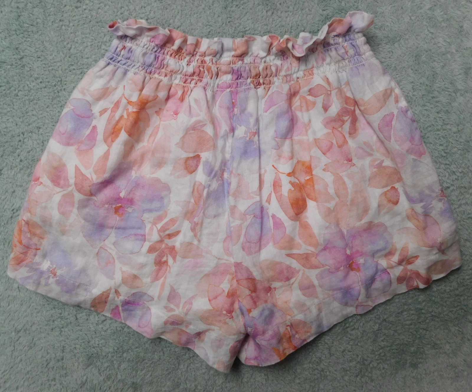 Bella Dahl Women's Shorts Ruffle Waist 100% Linen Peach Jardin Print Small Lined